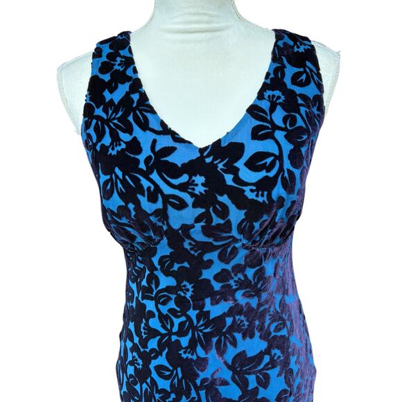 Vintage Laura Ashley Blue V Neck Sleeveless Velvet Floral Overlay Dress - 6 - Picture 5 of 9
